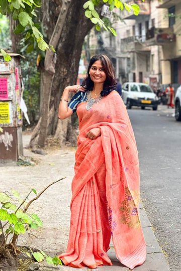 Peach Linen Cotton Saree